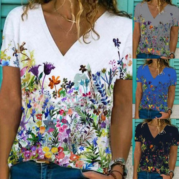 women's t-shirt summer women v-neck slim short sleeve temperament commuter floral print pullover all-match lady t shirt, White
women's t-shirt summer women v-neck slim short sleeve temperament commuter floral print pullover all-match lady t shirt, White