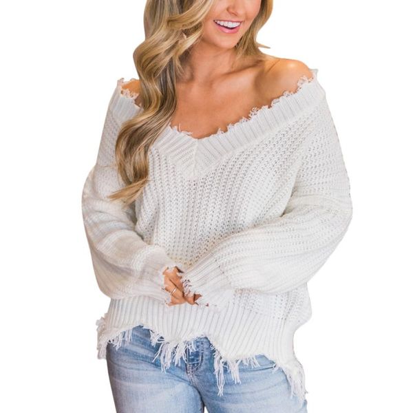 off the shoulder v-neck autumn sweater for women fringe distressed knitted jumper female long sleeve pullover knitwear women's sweater, White;black
off the shoulder v-neck autumn sweater for women fringe distressed knitted jumper female long sleeve pullover knitwear women's sweater, White;black