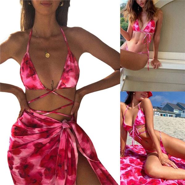 women's swimwear 2021 fashion 3pcs tie-dyed bikini set split style deep v-neck lace-up bandage halter with thong briefs beach scarf, White;black
women's swimwear 2021 fashion 3pcs tie-dyed bikini set split style deep v-neck lace-up bandage halter with thong briefs beach scarf, White;black