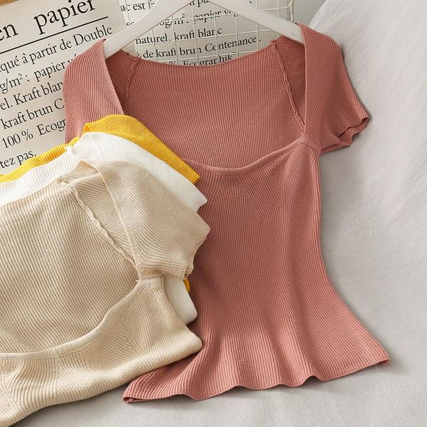 women's t-shirt women deep square collar short sleeve t-shirts crop girls knitted stretchy cropped sheath solid tee shirts for fem, White
women's t-shirt women deep square collar short sleeve t-shirts crop girls knitted stretchy cropped sheath solid tee shirts for fem, White