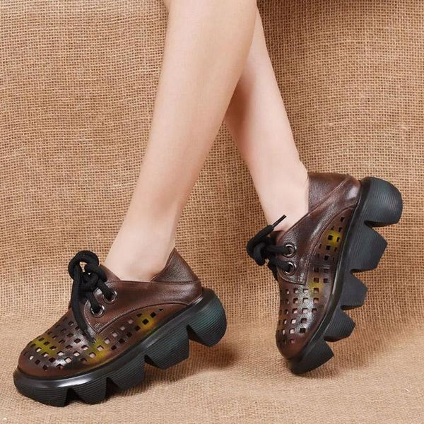 cowhide sponge cake with thick sole lightweight retro hollow sandals spring and summer leather round toe lace-up hole women's, Black
cowhide sponge cake with thick sole lightweight retro hollow sandals spring and summer leather round toe lace-up hole women's, Black