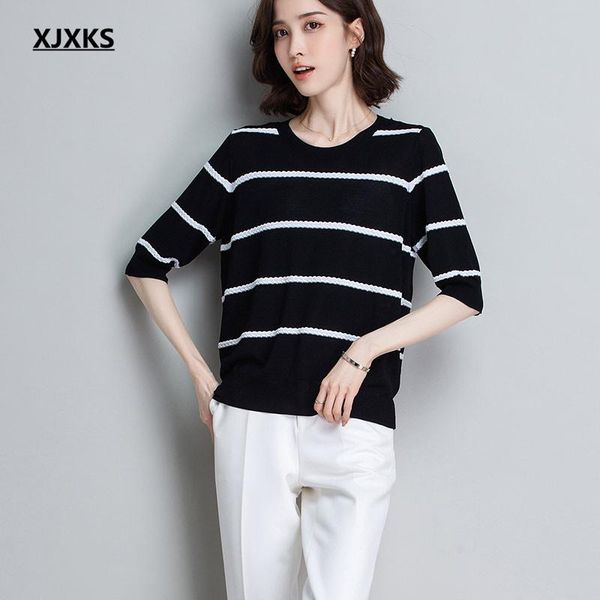women's t-shirt xjxks round neck mid-sleeve thin women 2021 summer style comfortable striped linen knitted, White
women's t-shirt xjxks round neck mid-sleeve thin women 2021 summer style comfortable striped linen knitted, White