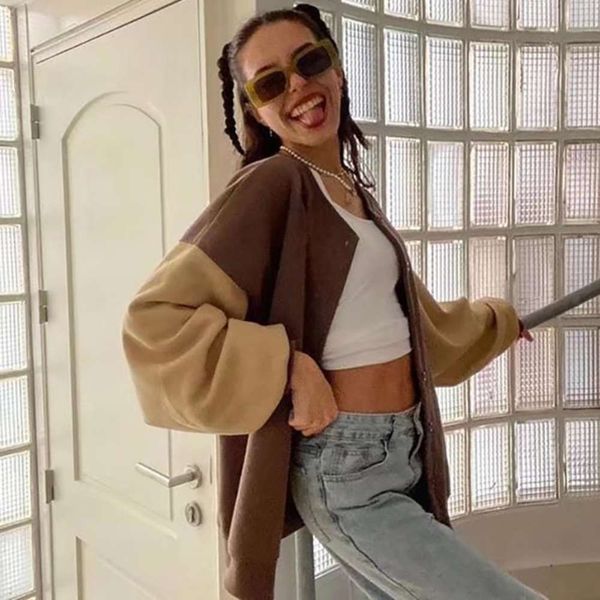 single breasted crew neck loose blogger color casual jacket baseball suit women's wear, Black;brown
single breasted crew neck loose blogger color casual jacket baseball suit women's wear, Black;brown