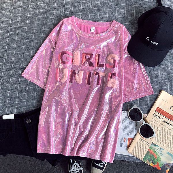 women's summer club hip hop stylish bright short tshirts ladies shiny t-shirt retro loose oversize street wear o-neck, White
women's summer club hip hop stylish bright short tshirts ladies shiny t-shirt retro loose oversize street wear o-neck, White