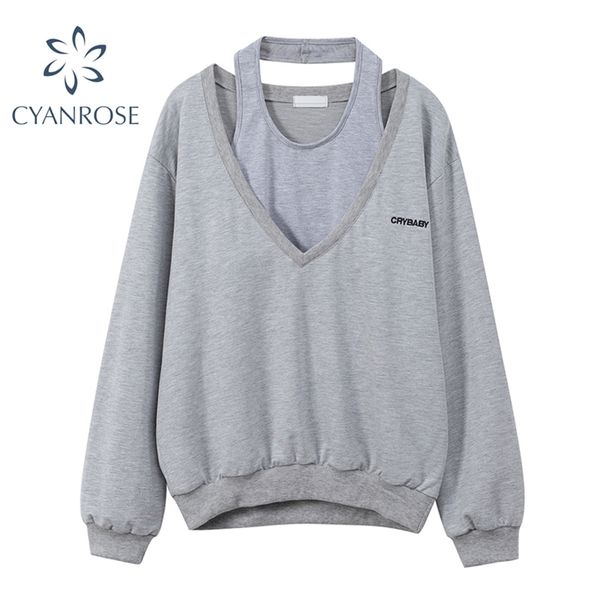 2 pieces sets sweatshirt women spring halter collar camisole+v neck loose oversized sportswear outer streetwear outfits 211109, Black
2 pieces sets sweatshirt women spring halter collar camisole+v neck loose oversized sportswear outer streetwear outfits 211109, Black