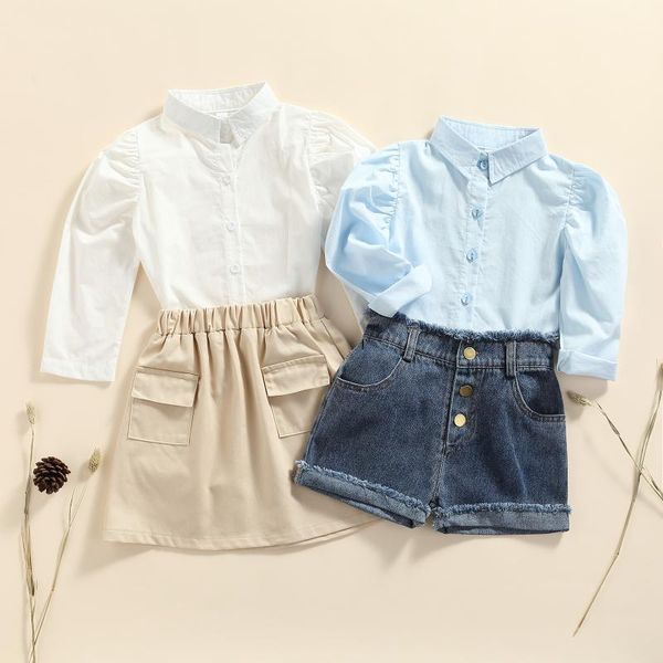 clothing sets 2pcs toddler kids baby girls clothes solid color long sleeve buttons shirts+a-line skirt/denim shorts spring fall outfit, White
clothing sets 2pcs toddler kids baby girls clothes solid color long sleeve buttons shirts+a-line skirt/denim shorts spring fall outfit, White