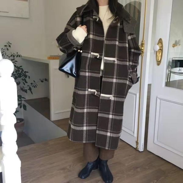 women's wool & blends 2021 winter vintage tide warm woolen cloth long coats for women fashion kpop plaid chic horn button hoody jackets, Black
women's wool & blends 2021 winter vintage tide warm woolen cloth long coats for women fashion kpop plaid chic horn button hoody jackets, Black