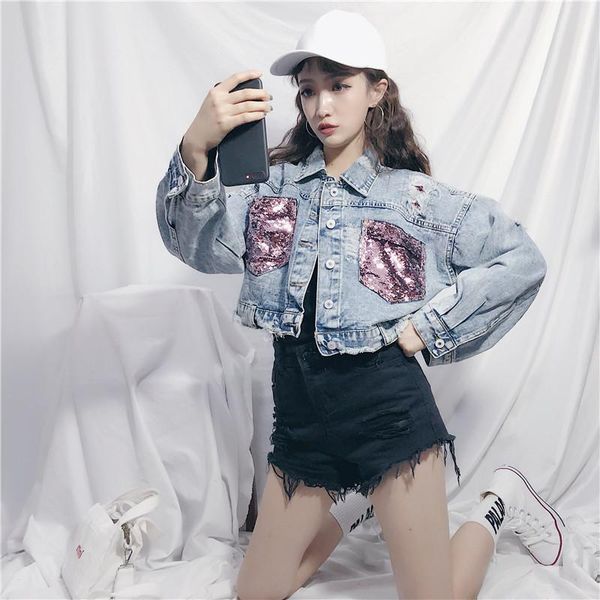 women's jackets streetwear sequin pockets short women 2021 turn-down collar denim jacket female outwear harajuku jean coat, Black;brown
women's jackets streetwear sequin pockets short women 2021 turn-down collar denim jacket female outwear harajuku jean coat, Black;brown