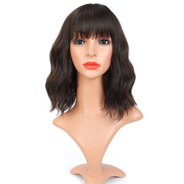 synthetic wigs yihan 14inch pure green pink wig with bangs short water wave shoulder length cosplay hair heat resistant fiber, Black