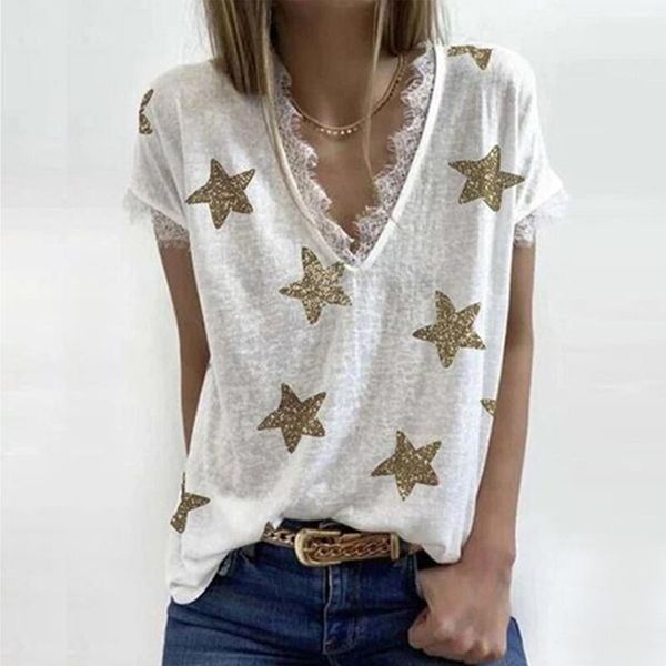 women's t-shirt women summer tshirt star printed lace v-neck short sleeve t shirt patchwork vintage casual t-shirts camisetas de mujer, White
women's t-shirt women summer tshirt star printed lace v-neck short sleeve t shirt patchwork vintage casual t-shirts camisetas de mujer, White
