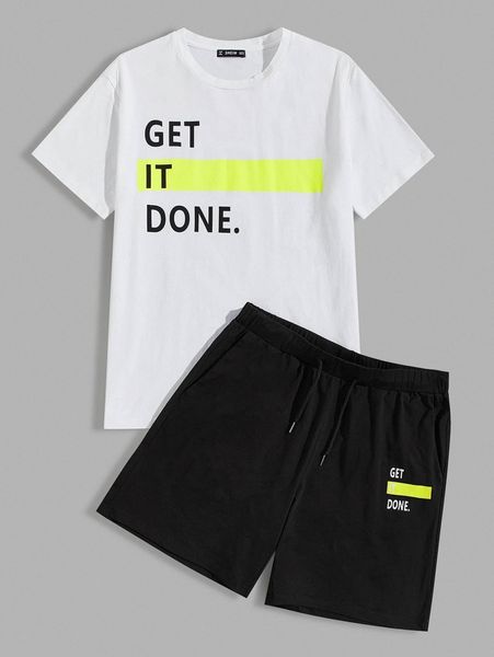 men slogan graphic neon panel tee and track shorts set e2tx#, Gray 
men slogan graphic neon panel tee and track shorts set e2tx#, Gray