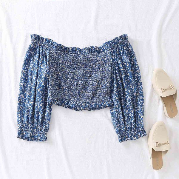 vintage women one word collar five-point sleeves strapless t-shirt fashion high waist blue floral short chic female 210507, White
vintage women one word collar five-point sleeves strapless t-shirt fashion high waist blue floral short chic female 210507, White