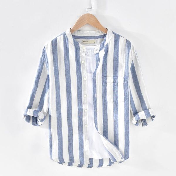 men's casual shirts striped shirt for men three quarter sleeve vintage autumn male fashion pure linen stand collar clothes, White;black
men's casual shirts striped shirt for men three quarter sleeve vintage autumn male fashion pure linen stand collar clothes, White;black