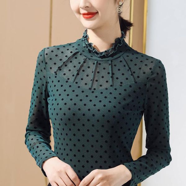 women's t-shirt 2021 spring women fashion black flocking bottoming shirt long sleeve polka dot ruffles blusas plus size clothing tees, White
women's t-shirt 2021 spring women fashion black flocking bottoming shirt long sleeve polka dot ruffles blusas plus size clothing tees, White