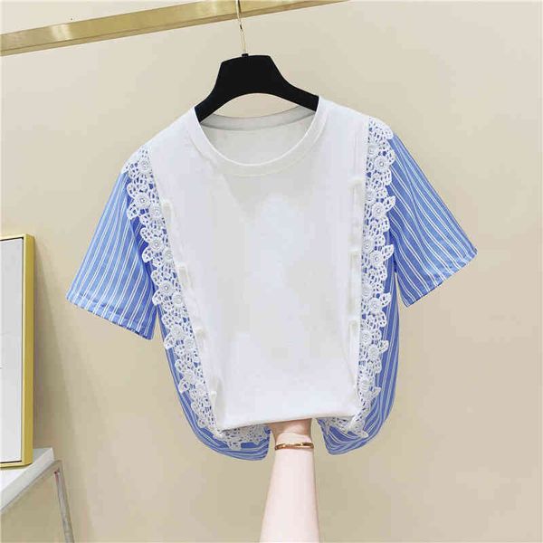 t shirt striped lace stitching beaded short sleeve cotton women's summer korean-style loose-fit t-shirt fashion tees, White
t shirt striped lace stitching beaded short sleeve cotton women's summer korean-style loose-fit t-shirt fashion tees, White