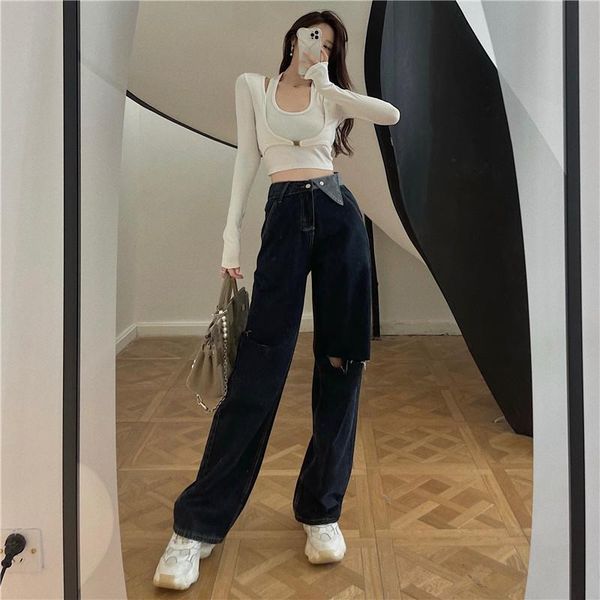 women's two piece pants style fried street short long-sleeved t-shirt high waist ripped denim wide leg two-piece suit, White 
women's two piece pants style fried street short long-sleeved t-shirt high waist ripped denim wide leg two-piece suit, White