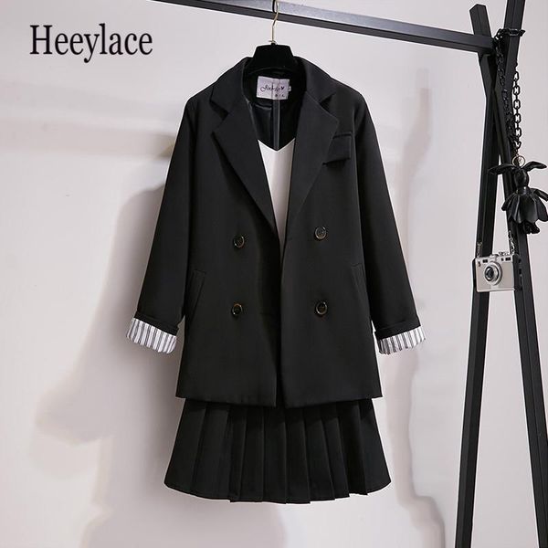 two piece dress korean women suits office ladies notched coat and pleated skirt sets three pcs set business elegant workwear outfits, White 
two piece dress korean women suits office ladies notched coat and pleated skirt sets three pcs set business elegant workwear outfits, White
