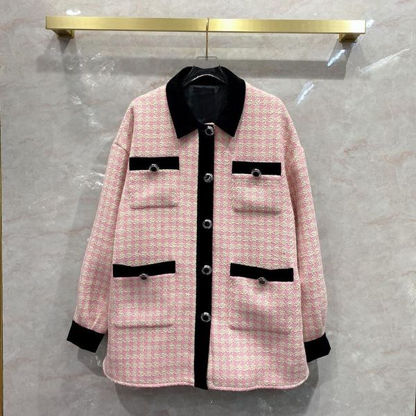 women's wool & blends 2021 spring fashion loose plaid tweed overcoat chic pockets pink color coat c845, Black
women's wool & blends 2021 spring fashion loose plaid tweed overcoat chic pockets pink color coat c845, Black