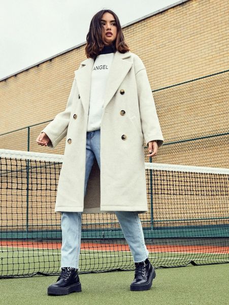 lapel neck drop shoulder double breasted overcoat d6e3#, Black
lapel neck drop shoulder double breasted overcoat d6e3#, Black