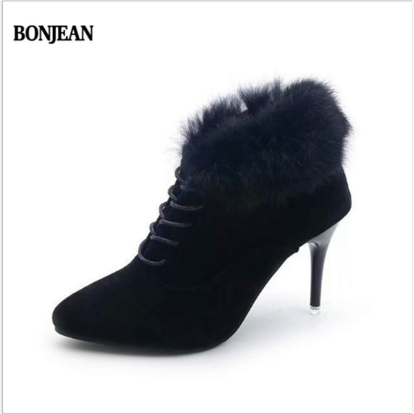 boots autumn and winter women's european american lace-up pointed short stiletto frosted fur shoe, Black
boots autumn and winter women's european american lace-up pointed short stiletto frosted fur shoe, Black