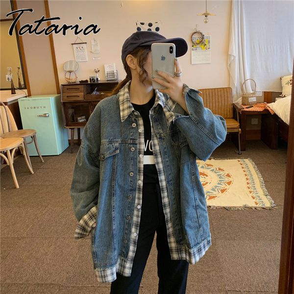 women's jean jacket fake two pieces clothes denim coat spliced plaid korean causal coats spring vintage jeans streetwear women 210514, Black;brown
women's jean jacket fake two pieces clothes denim coat spliced plaid korean causal coats spring vintage jeans streetwear women 210514, Black;brown