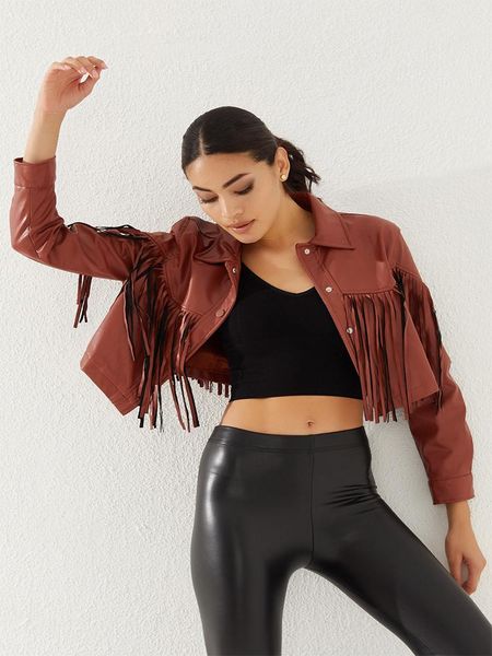women's leather & faux autumn fringed jacket tassel spring coat short slim fit waist motorcycle fashion, Black
women's leather & faux autumn fringed jacket tassel spring coat short slim fit waist motorcycle fashion, Black
