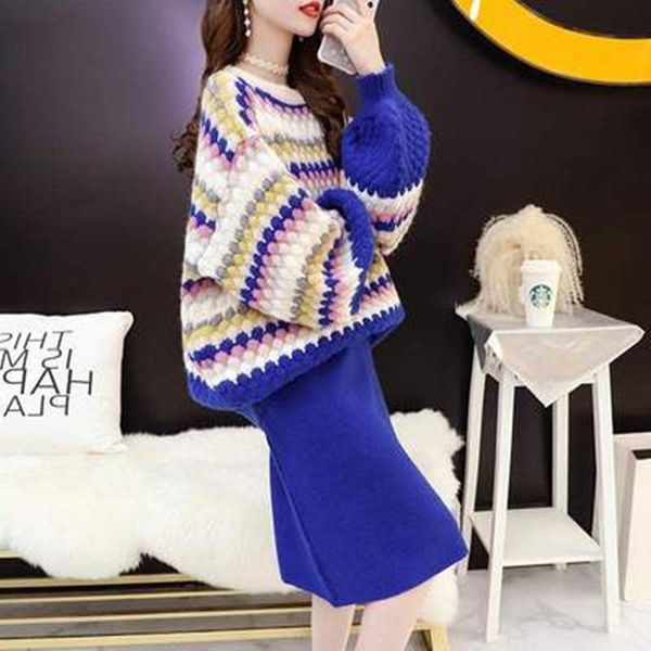 women's tracksuits autumn winter lady temperament suits colorful loose striped sweater + solid casual high waist skirt two piece set wo, Gray
women's tracksuits autumn winter lady temperament suits colorful loose striped sweater + solid casual high waist skirt two piece set wo, Gray
