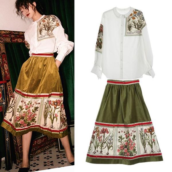 two piece dress spring t typhoon women's long lantern sleeve retro printed shirt velvet splicing skirt suit set ns85, White
two piece dress spring t typhoon women's long lantern sleeve retro printed shirt velvet splicing skirt suit set ns85, White