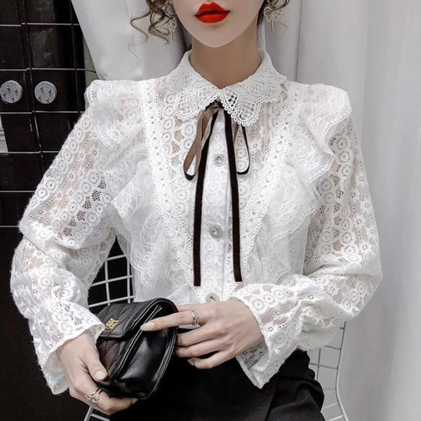 women's blouses & shirts #2021 spring lace women bow lapel collar hollow out perspective female long sleeved basic thin loose, White
women's blouses & shirts #2021 spring lace women bow lapel collar hollow out perspective female long sleeved basic thin loose, White