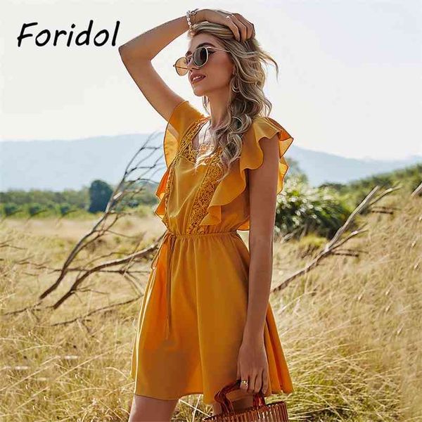ruffle sleeveless summer yellow dress women backless crochet short beach casual mini 210427, Black;red
ruffle sleeveless summer yellow dress women backless crochet short beach casual mini 210427, Black;red
