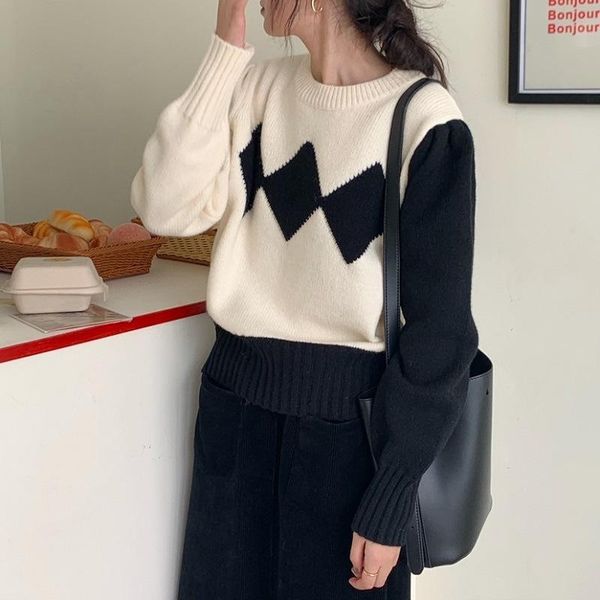 women's sweaters french retro color contrast sweater autumn and winter loose hong kong style lazy wind knit, White;black
women's sweaters french retro color contrast sweater autumn and winter loose hong kong style lazy wind knit, White;black