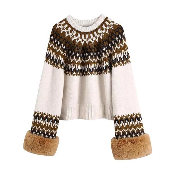 women's sweaters women 2022 fashion with faux fur on cuffs jacquard knit sweater vintage round neck long sleeve female pullovers street, White;black
women's sweaters women 2022 fashion with faux fur on cuffs jacquard knit sweater vintage round neck long sleeve female pullovers street, White;black