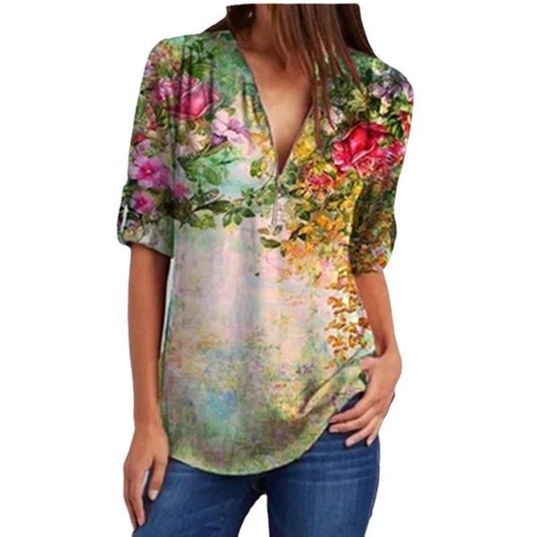 women v neck ladies fashion casual floral print zipper pullover plus size t-shirt summer loose women's, White
women v neck ladies fashion casual floral print zipper pullover plus size t-shirt summer loose women's, White