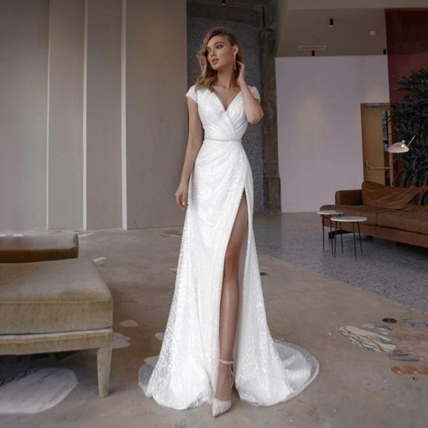 other wedding dresses yiwumensa high split sequined boho mermaid gowns short sleeves backless bridal plus size glitter beaded waist, White
other wedding dresses yiwumensa high split sequined boho mermaid gowns short sleeves backless bridal plus size glitter beaded waist, White