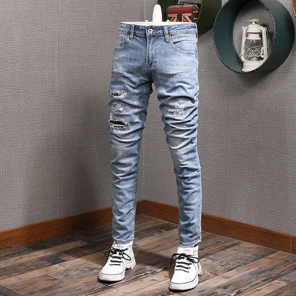 men's jeans streetwear fashion retro blue elastic slim fit ripped destroyed patches designer hip hop denim punk pants l92d
men's jeans streetwear fashion retro blue elastic slim fit ripped destroyed patches designer hip hop denim punk pants l92d