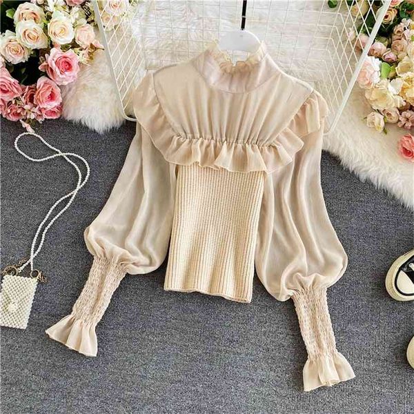 women winter style sweater french trumpet sleeve stand collar pullovers chiffon patchwork stitching knit short c021 210506, White
women winter style sweater french trumpet sleeve stand collar pullovers chiffon patchwork stitching knit short c021 210506, White