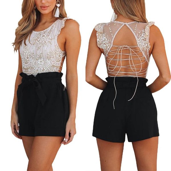 backless bandage t shirt womens slim fit vest summer fashion glitter embroidery sleeveless women's t-shirt, White 
backless bandage t shirt womens slim fit vest summer fashion glitter embroidery sleeveless women's t-shirt, White