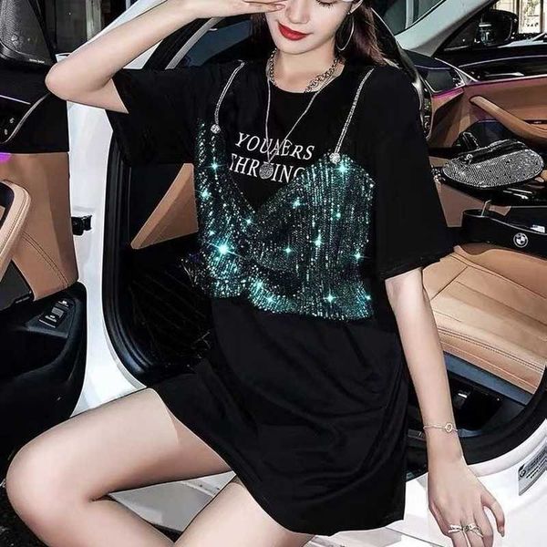 women's t-shirt black paillette short sleeve t-shirt fake two pieces ladies mid-length women fashion summer stitching y2g, White
women's t-shirt black paillette short sleeve t-shirt fake two pieces ladies mid-length women fashion summer stitching y2g, White