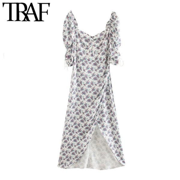 women chic fashion floral print irregular midi dress vintage tied v neck puff sleeve back zipper female dresses 210507, Black;gray 
women chic fashion floral print irregular midi dress vintage tied v neck puff sleeve back zipper female dresses 210507, Black;gray