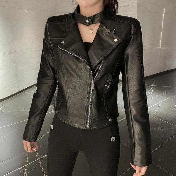 women's leather & faux women short pu jacket fall fashion hanging neck zipper wild coat causal streetwear motorcycle clothing, Black
women's leather & faux women short pu jacket fall fashion hanging neck zipper wild coat causal streetwear motorcycle clothing, Black