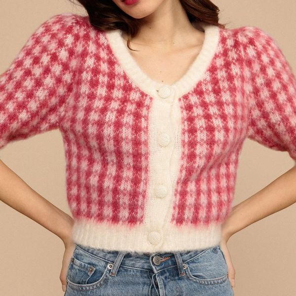 women's knits & tees 2021 spring/summer products fashion round neck short sleeve single breasted retro plaid wild cardigan sweater, White
women's knits & tees 2021 spring/summer products fashion round neck short sleeve single breasted retro plaid wild cardigan sweater, White