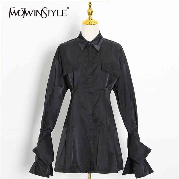 twotwinstyle solid color dress for women lapel collar flare sleeves high waist mini slim dresses shirt for women spring new 210428, Black;gray
twotwinstyle solid color dress for women lapel collar flare sleeves high waist mini slim dresses shirt for women spring new 210428, Black;gray