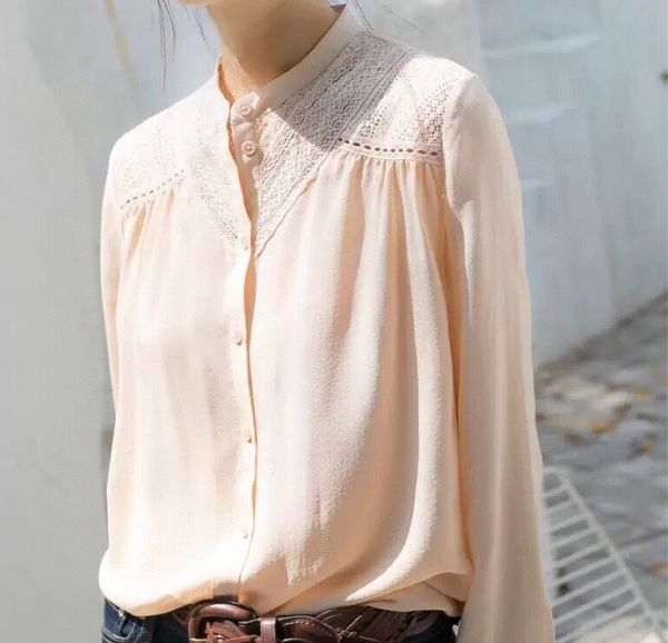 shirt 2021 stitching exquisite lace stand collar silk jacquard jedj, White 
shirt 2021 stitching exquisite lace stand collar silk jacquard jedj, White