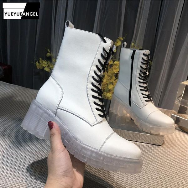 women autumn white transparent heels ankle boots leisure lace up 100% genuine leather platform street biker high-shoes, Black
women autumn white transparent heels ankle boots leisure lace up 100% genuine leather platform street biker high-shoes, Black