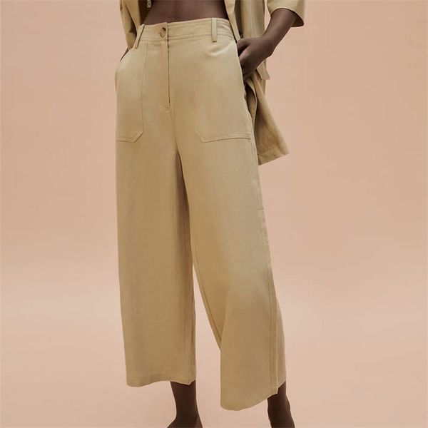 women summer casual linen wide leg pants za high waist buttons female elegant fashion street ankle-length trousers 210513, Black;white 
women summer casual linen wide leg pants za high waist buttons female elegant fashion street ankle-length trousers 210513, Black;white