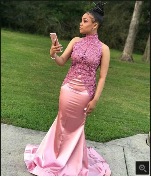 2021 robe de soiree pink satin lace appliques mermaid prom dresses high neck beaded sequins sheer back elegant party gowns court train long, Black
2021 robe de soiree pink satin lace appliques mermaid prom dresses high neck beaded sequins sheer back elegant party gowns court train long, Black