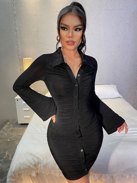 button front ruched bodycon dress d9dc#, Black;gray 
button front ruched bodycon dress d9dc#, Black;gray