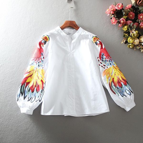 women's blouses & shirts spring and summer cotton causal embroidered long-sleeved woman full button print o-neck lantern sleeve, White
women's blouses & shirts spring and summer cotton causal embroidered long-sleeved woman full button print o-neck lantern sleeve, White