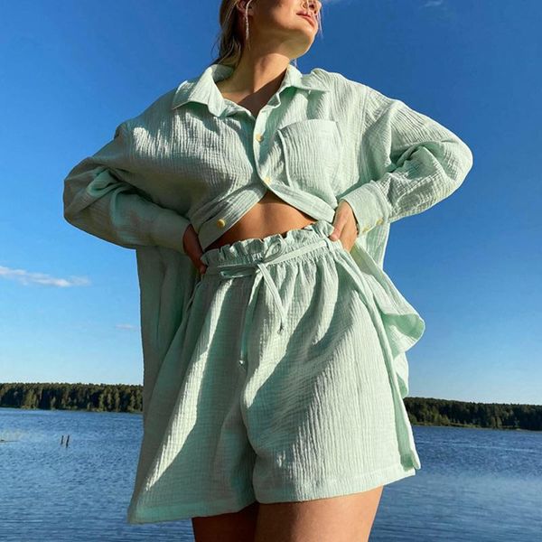 women's tracksuits elegant solid two pieces shorts set casual long sleeve blouse lace up suits fashion, Gray
women's tracksuits elegant solid two pieces shorts set casual long sleeve blouse lace up suits fashion, Gray