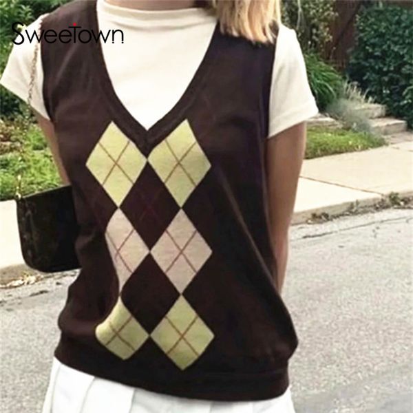 sweetown argyle plaid knitted womens sweater vest england preppy style y2k clothes v neck casual 90s knitwear autumn streetwear, Black;white
sweetown argyle plaid knitted womens sweater vest england preppy style y2k clothes v neck casual 90s knitwear autumn streetwear, Black;white